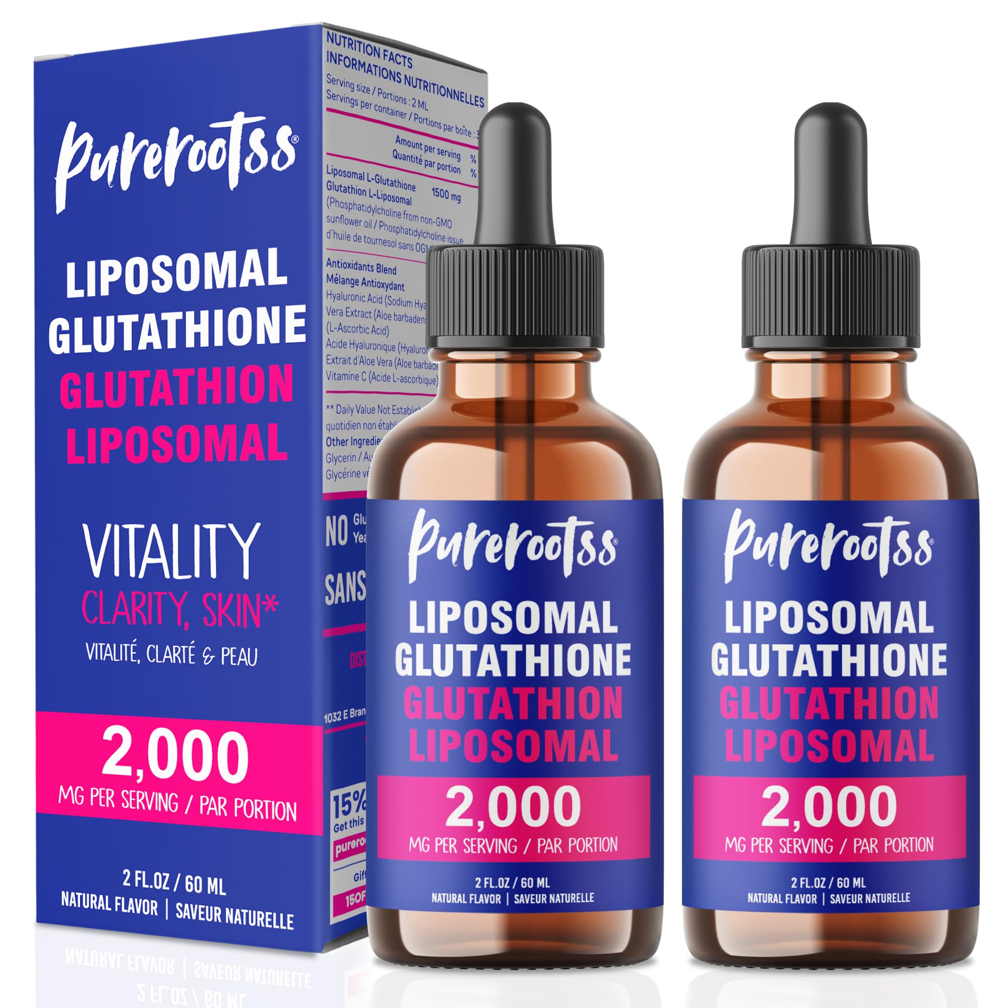 Front view of PureRootss Liposomal Glutathione Pack 2 bottles (2 oz each).