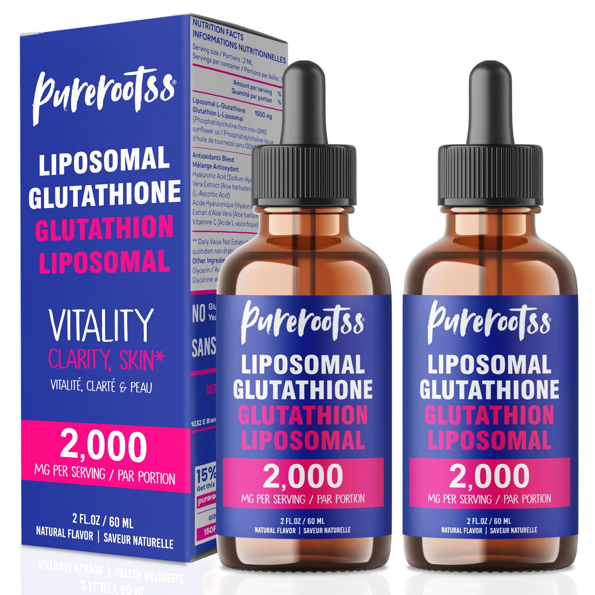 Front view of PureRootss Liposomal Glutathione Pack 2 bottles (2 oz each).