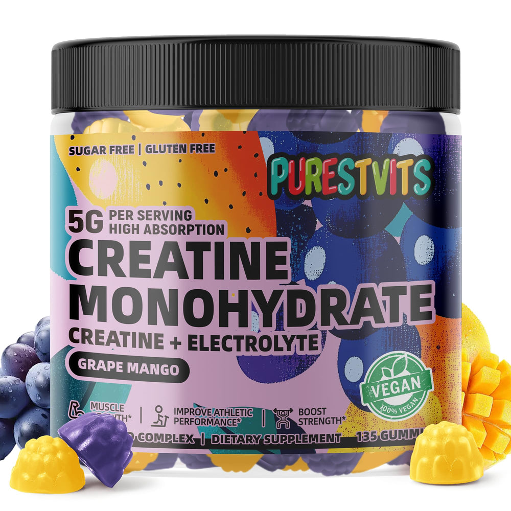Bottle of PURESTVITS Creatine Monohydrate Gummies in grape mango electrolyte flavor, 135-count