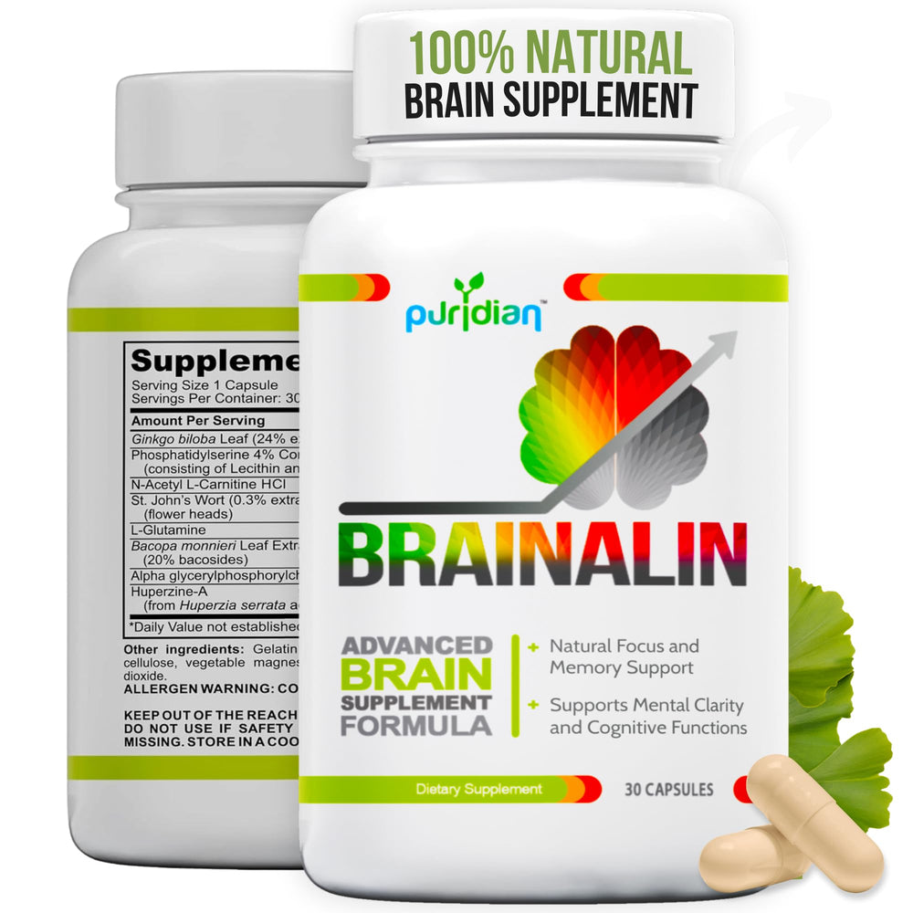 Puridian brain supplement bottle showing Brainalin label