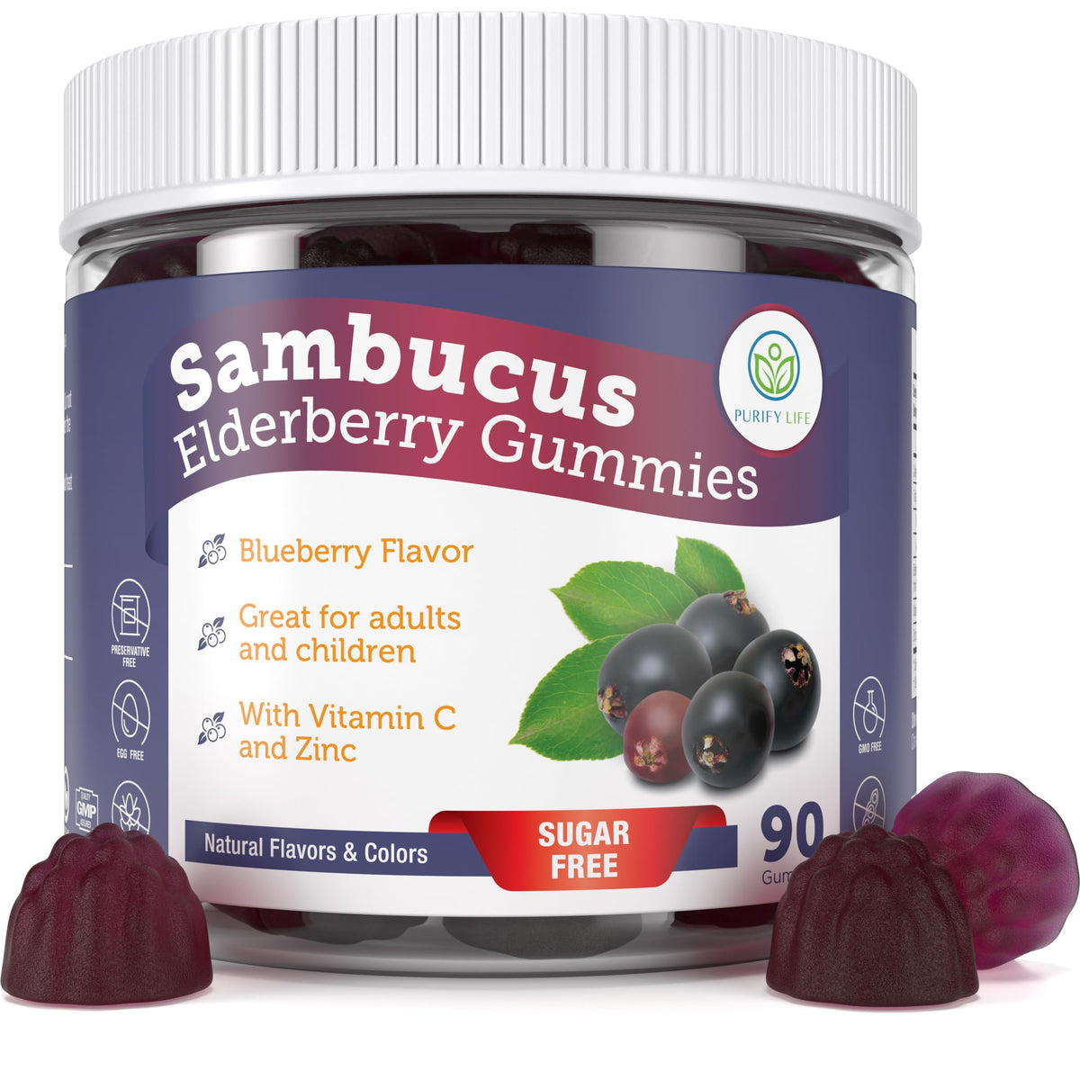 Purify Life Sugar-Free Elderberry Gummies bottle label with Vitamin C & Zinc