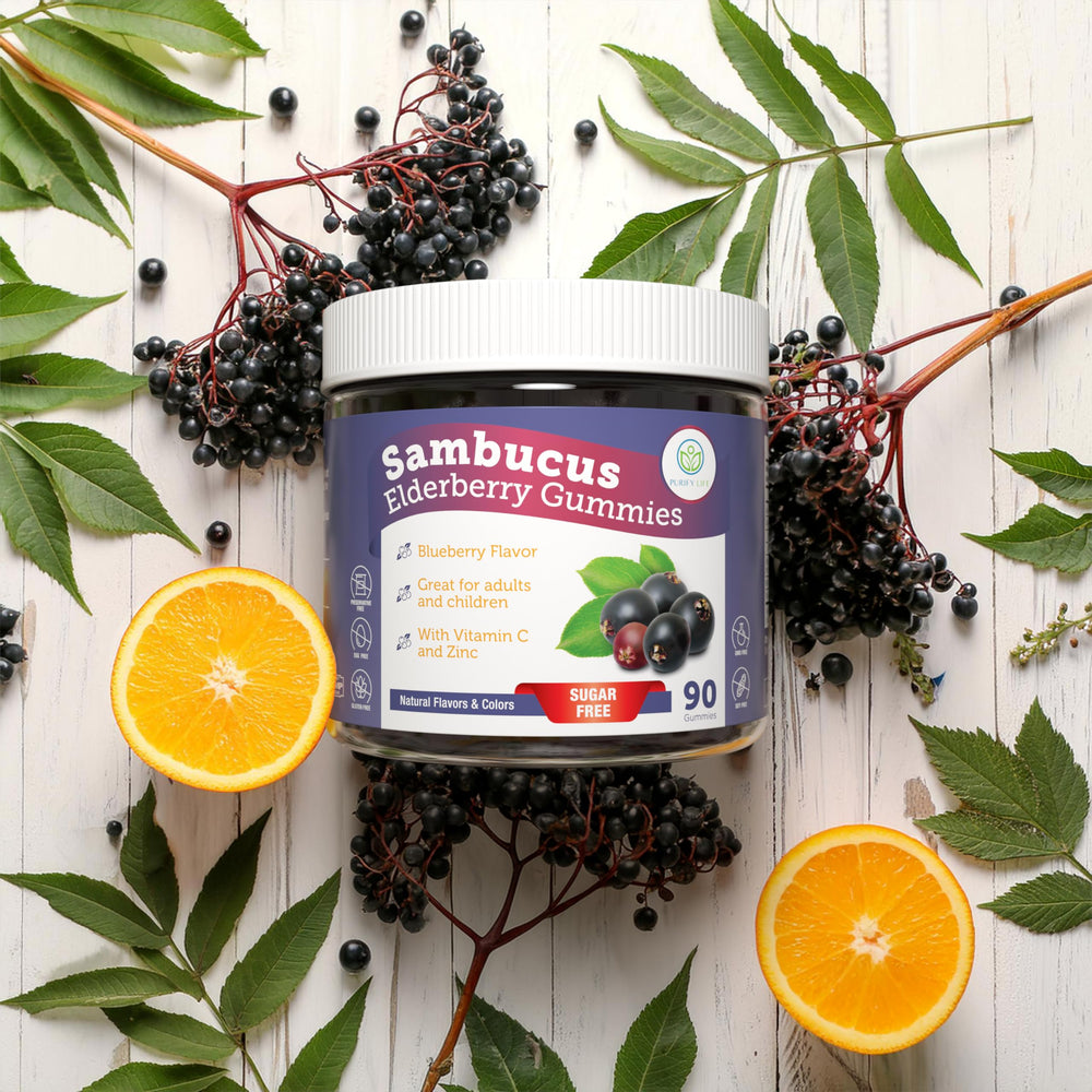 90-count Purify Life elderberry gummies bottle for daily immune support