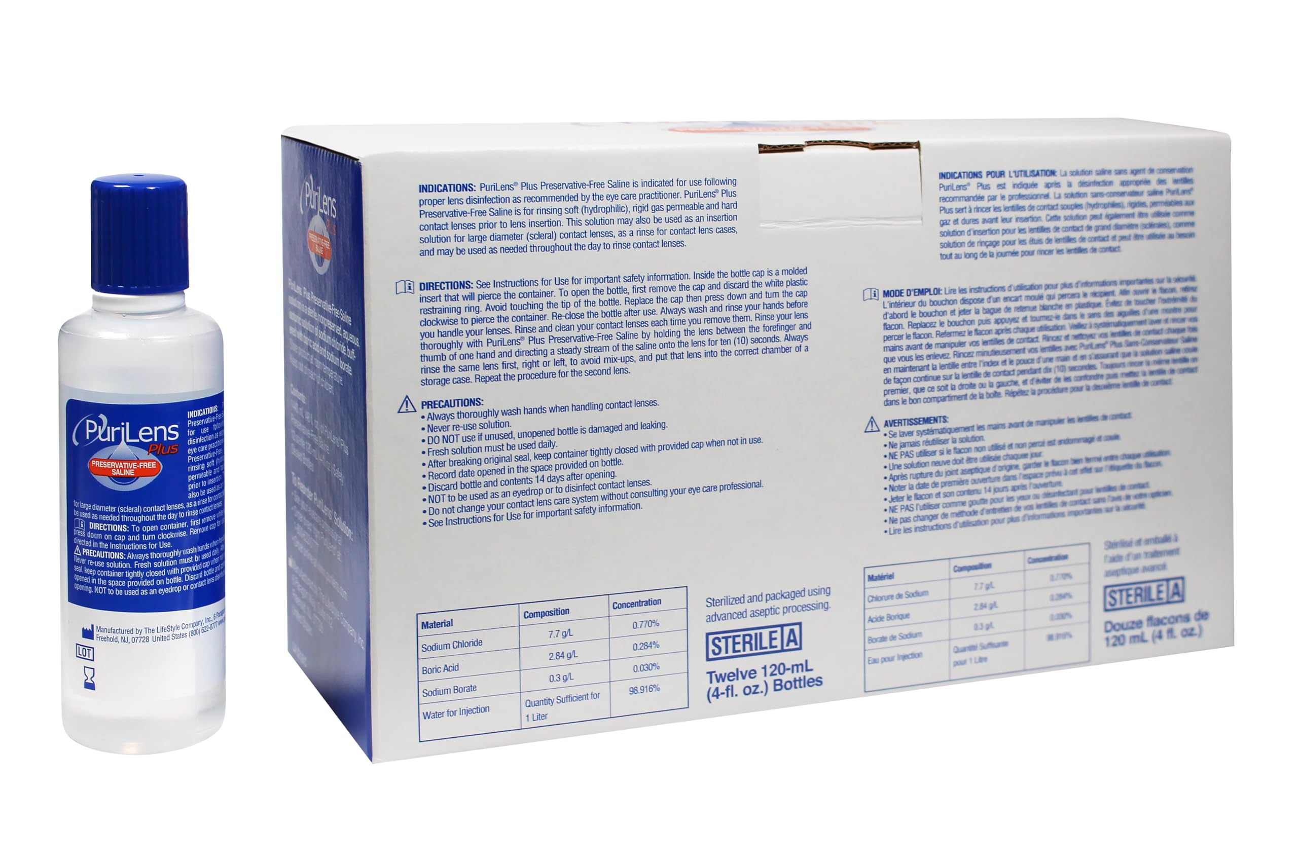 Pack of twelve Purilens Plus 120 ml saline bottles