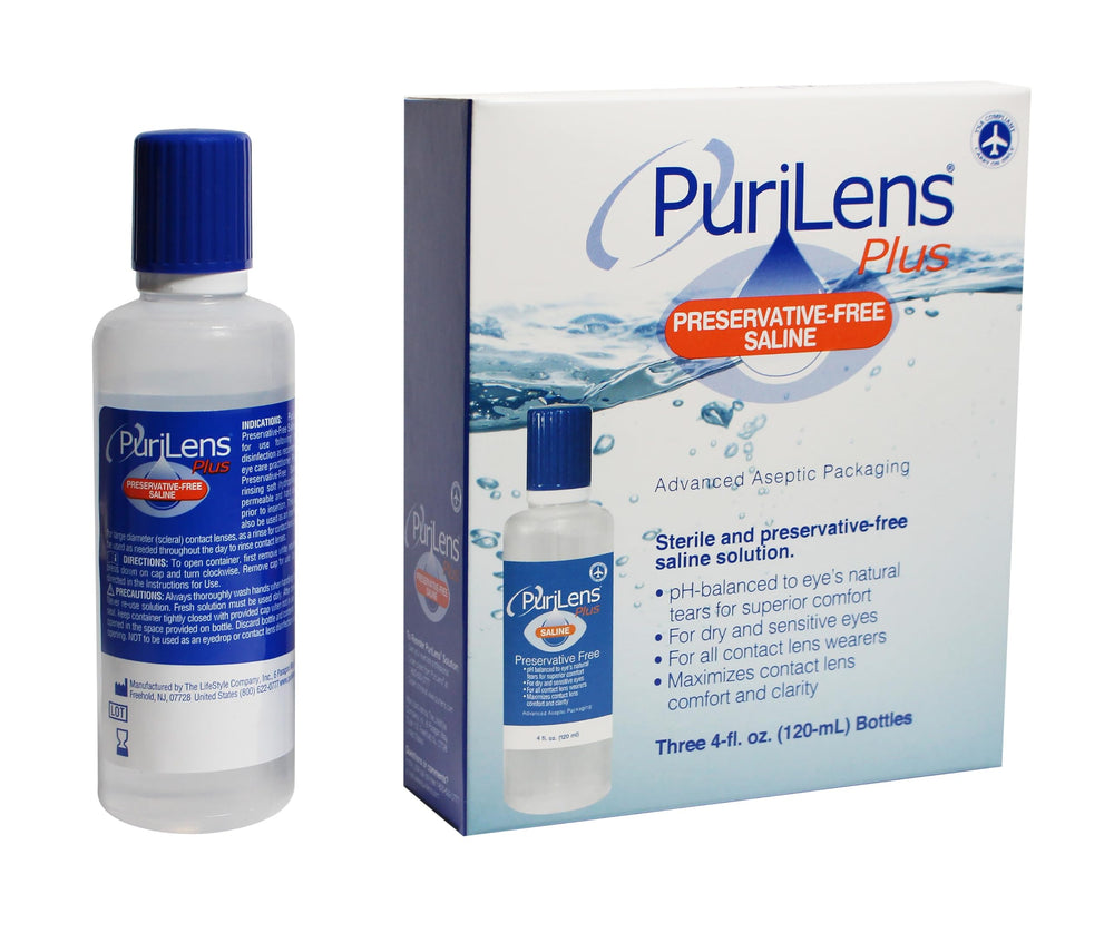 Purilens Plus preservative-free saline 120 ml bottle – 3-pack (front)
