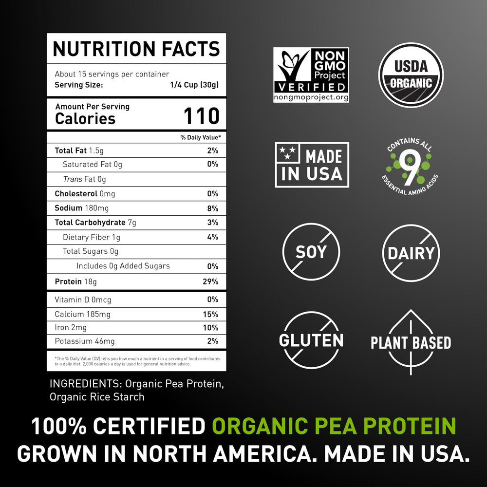 Ingredients visual emphasizing organic peas and pea protein in PURIS crisps