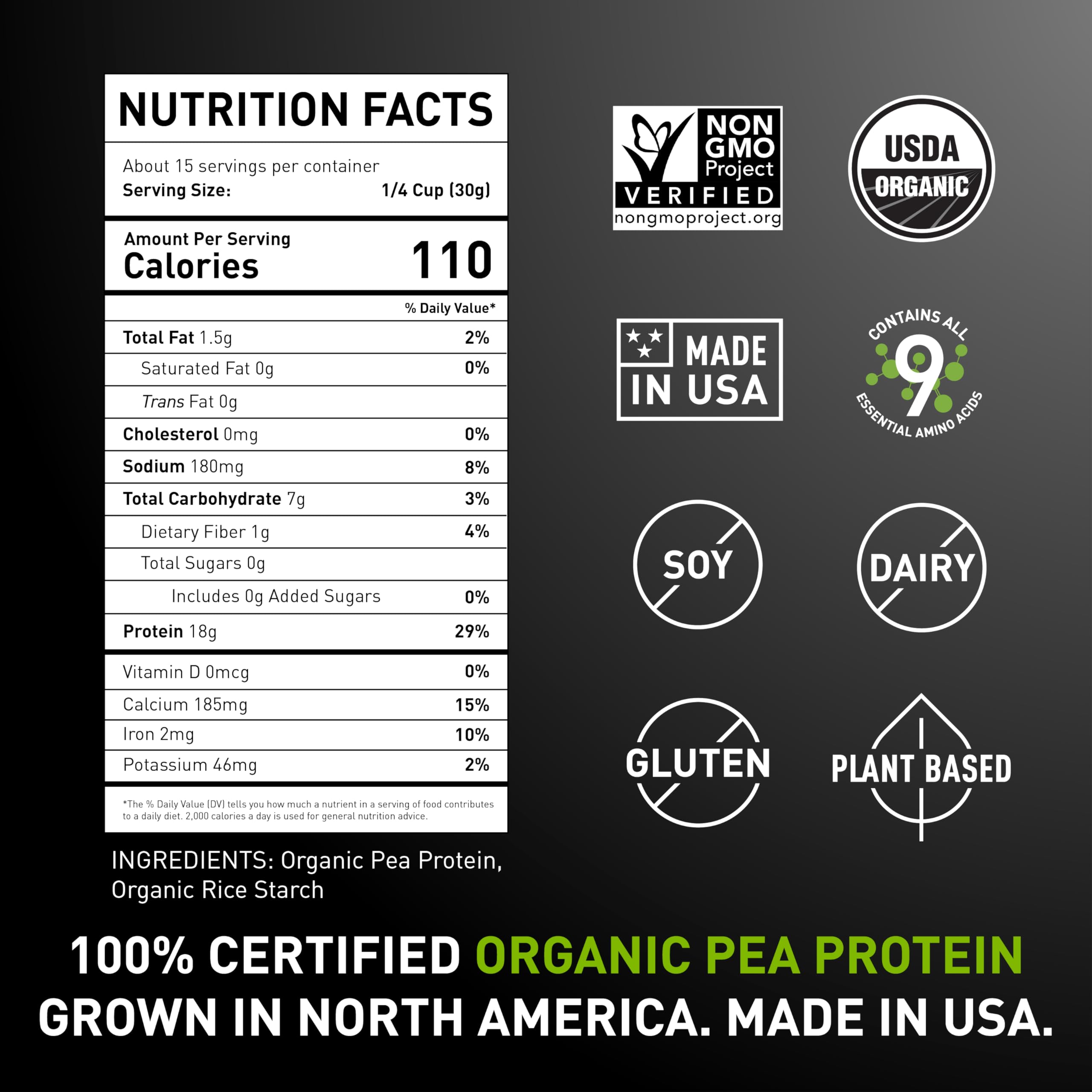 Ingredients visual emphasizing organic peas and pea protein in PURIS crisps