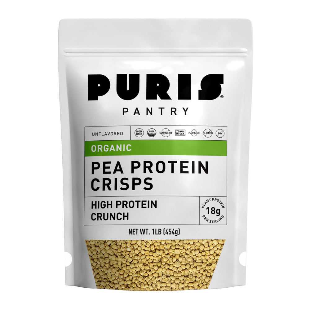 PURIS Organic Pea Protein Crisps packaging highlights US-made, clean protein