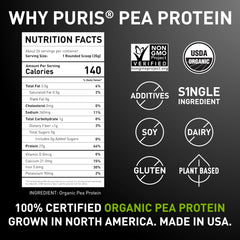 PURIS Organic Pea Protein Powder label highlighting purity and zero fillers.