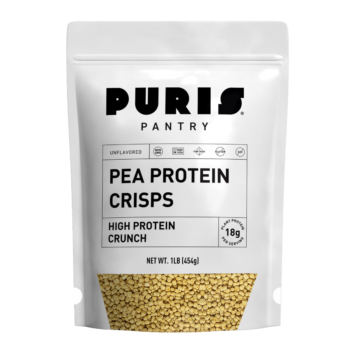 PURIS Pea Protein Crisps package front highlights USA-made, clean-label protein option.