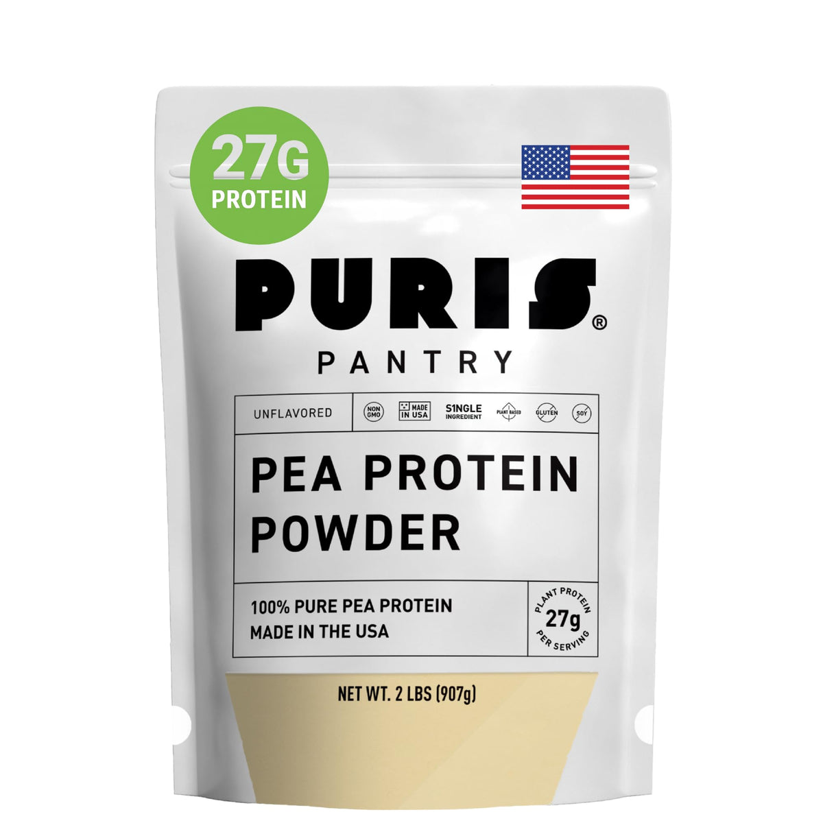 PURIS Pea Protein Powder container highlights North American sourcing and a clean label.