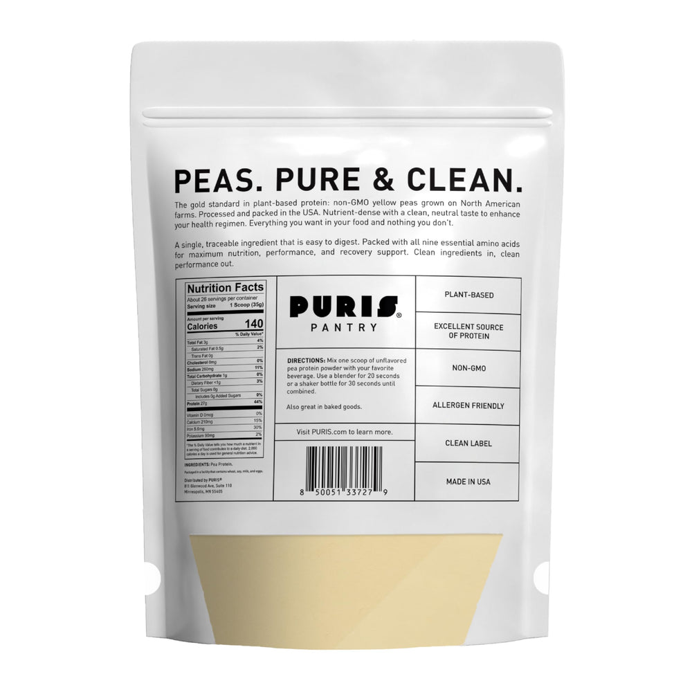 PURIS Pea Protein Powder with scoop demonstrates convenient post-workout protein.