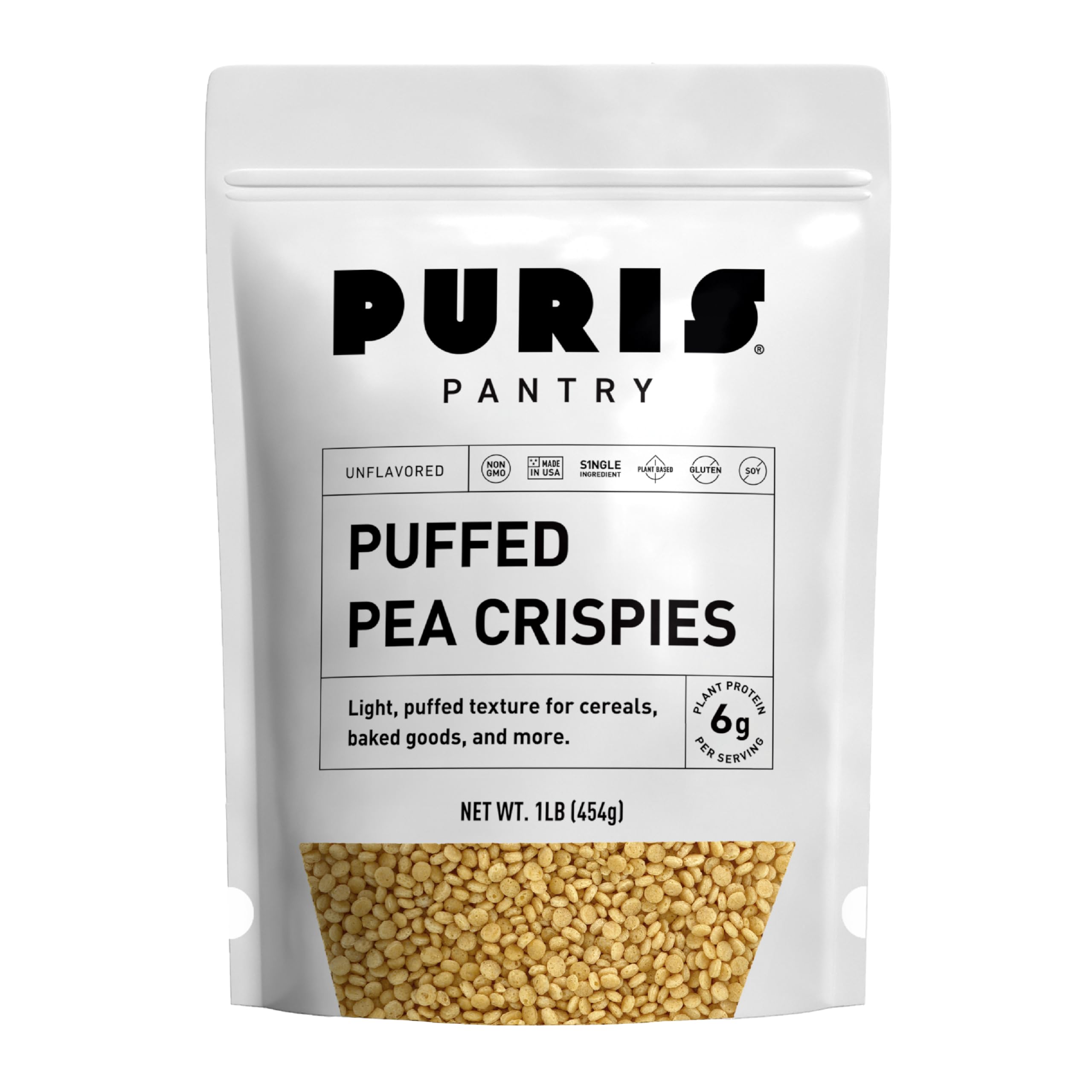 PURIS Puffed Pea Crispies packaging showcases clean-label plant protein.