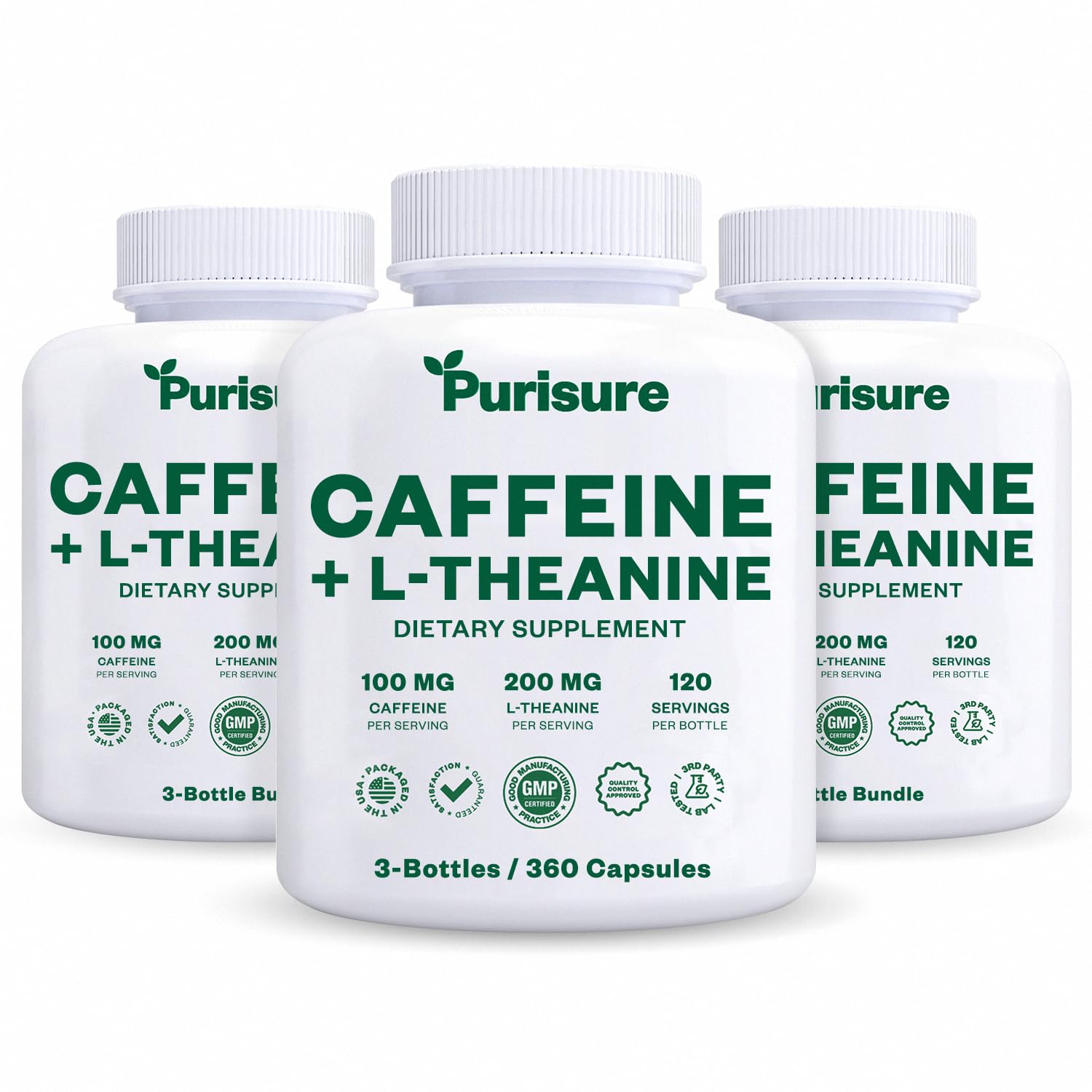 Purisure caffeine-theanine capsules pack hero showing compact daily energy and focus support