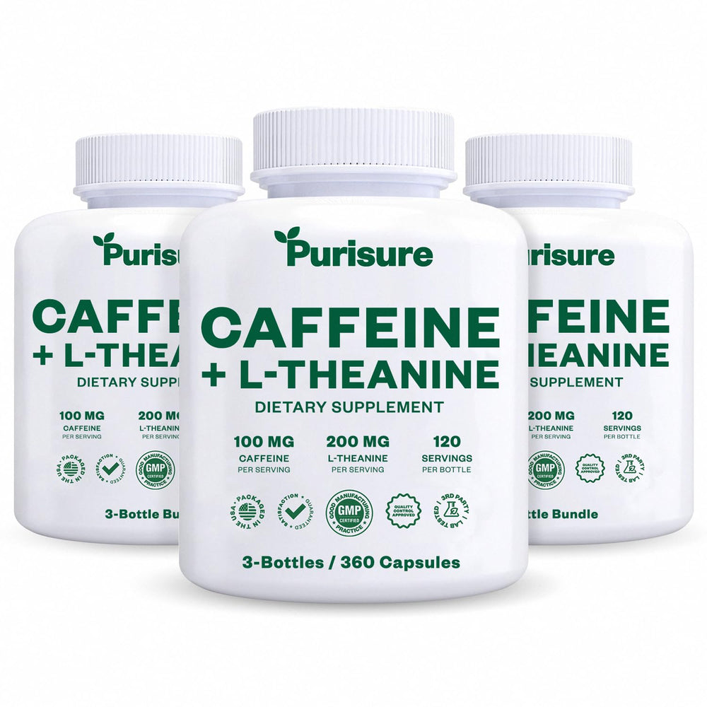 Purisure caffeine-theanine capsules pack hero showing compact daily energy and focus support