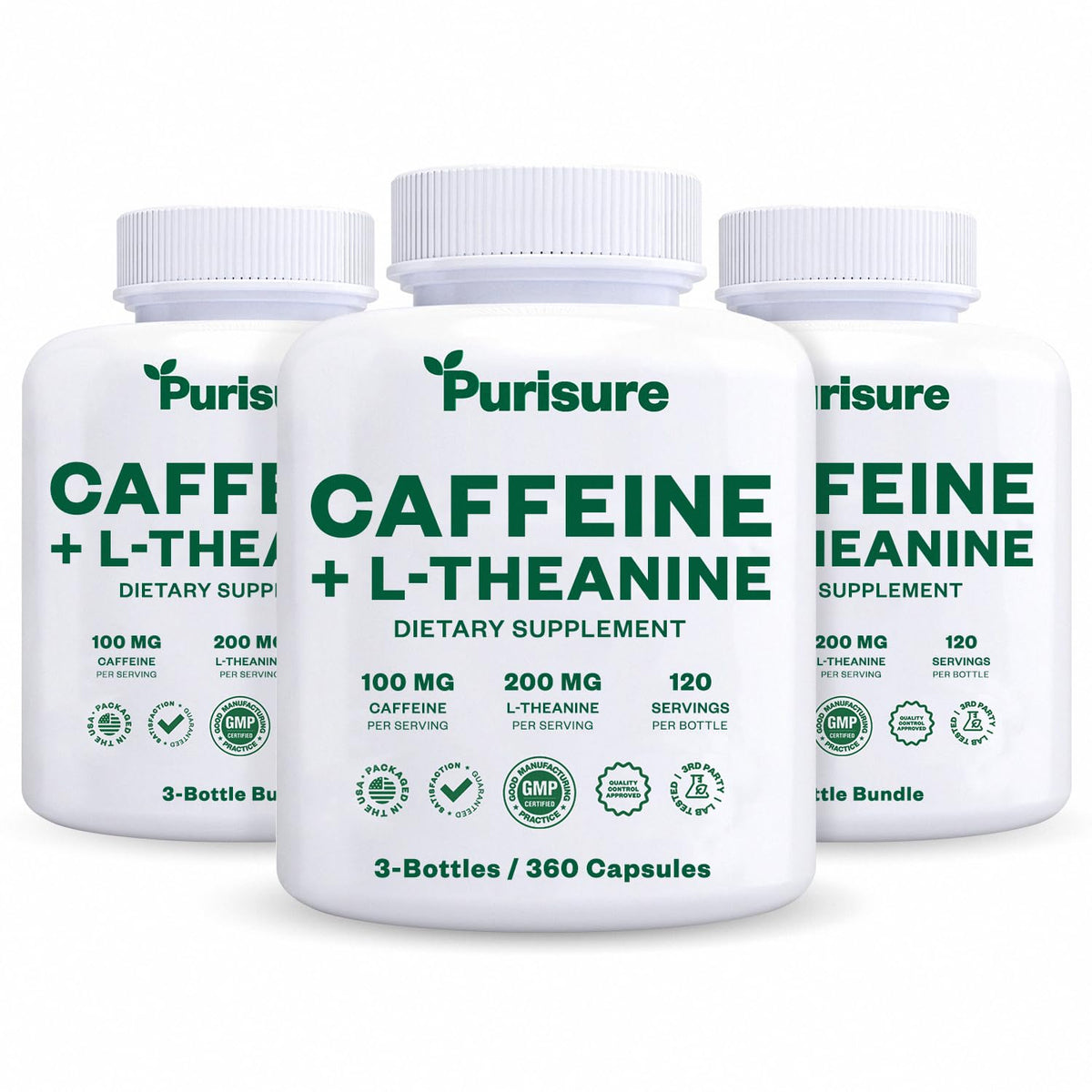 Purisure caffeine-theanine capsules pack hero showing compact daily energy and focus support