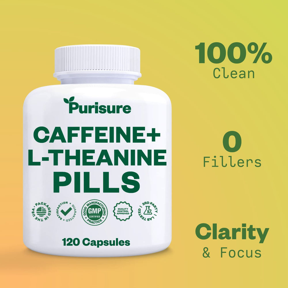 Packaging of Purisure caffeine-theanine capsules with label for clear mind and focus.