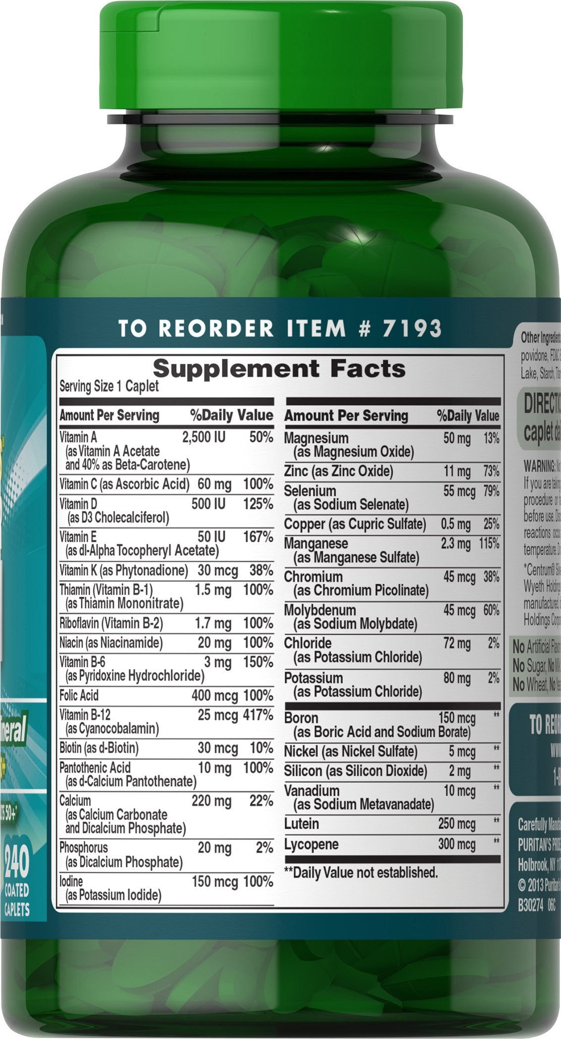 Puritan's Pride ABC Plus Senior Multivitamin Caplets bottle with 240 caplets