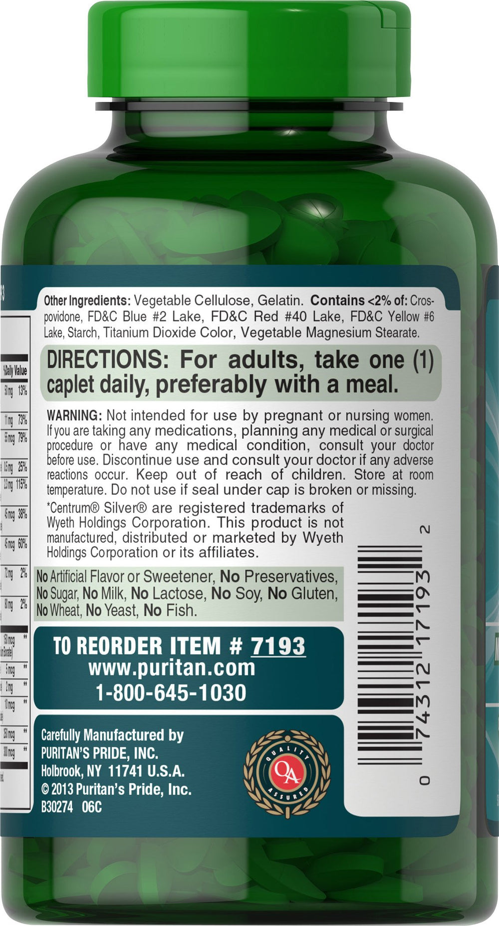 Side view of Puritan's Pride ABC Plus bottle displaying label