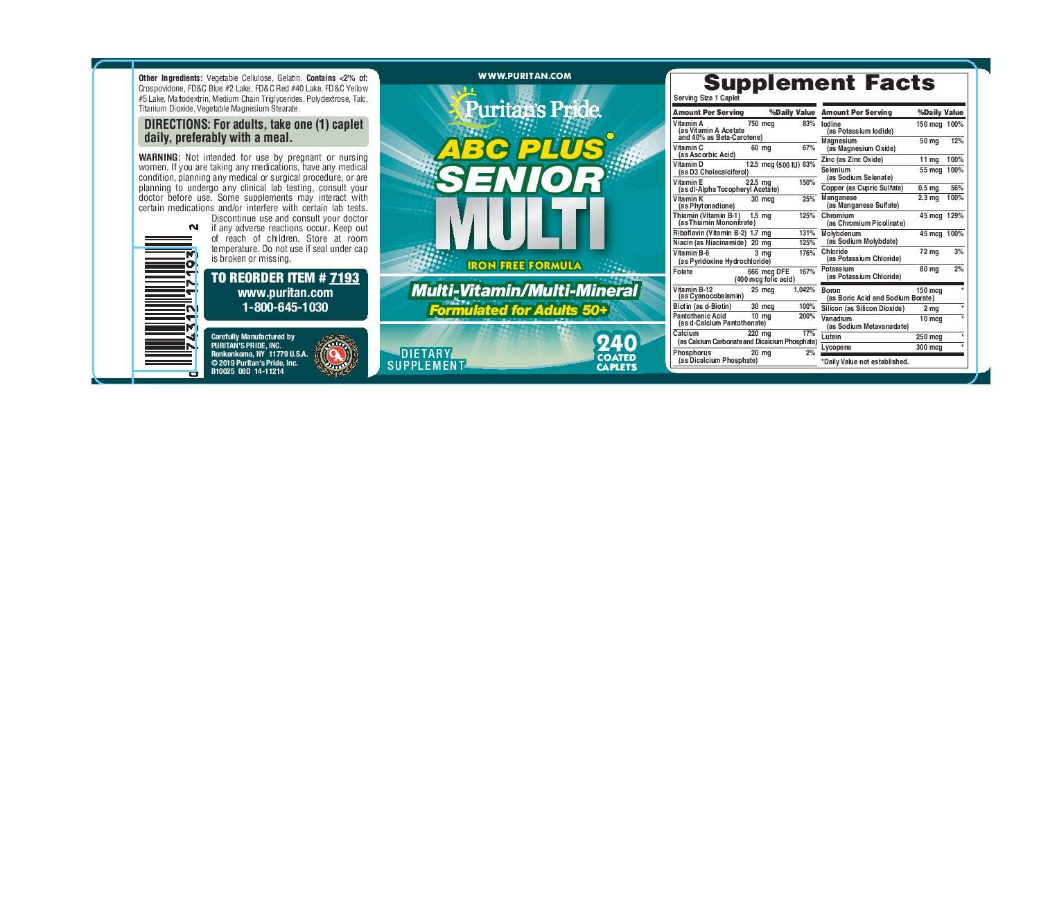 Packaging note indicating Discontinued by Manufacturer on Puritan's Pride ABC Plus