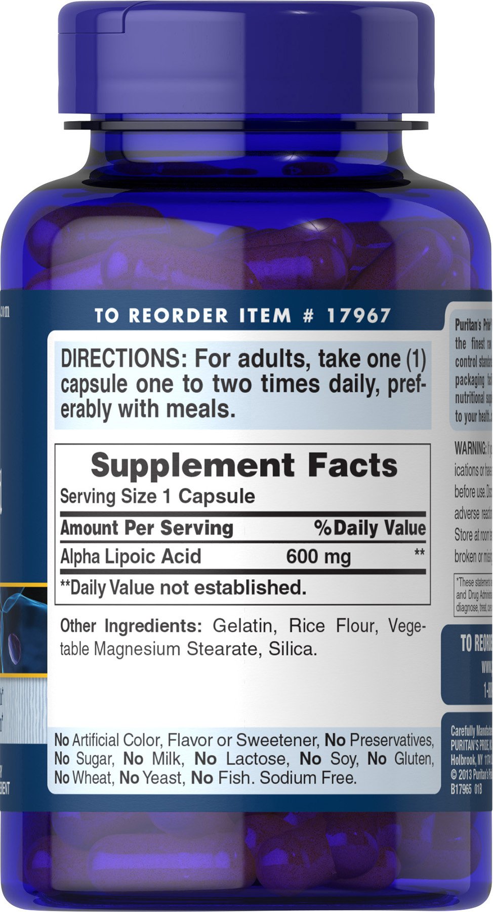 Back label with ingredients for Puritan's Pride Alpha Lipoic Acid 600 mg