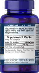 Back label with ingredients for Puritan's Pride Alpha Lipoic Acid 600 mg