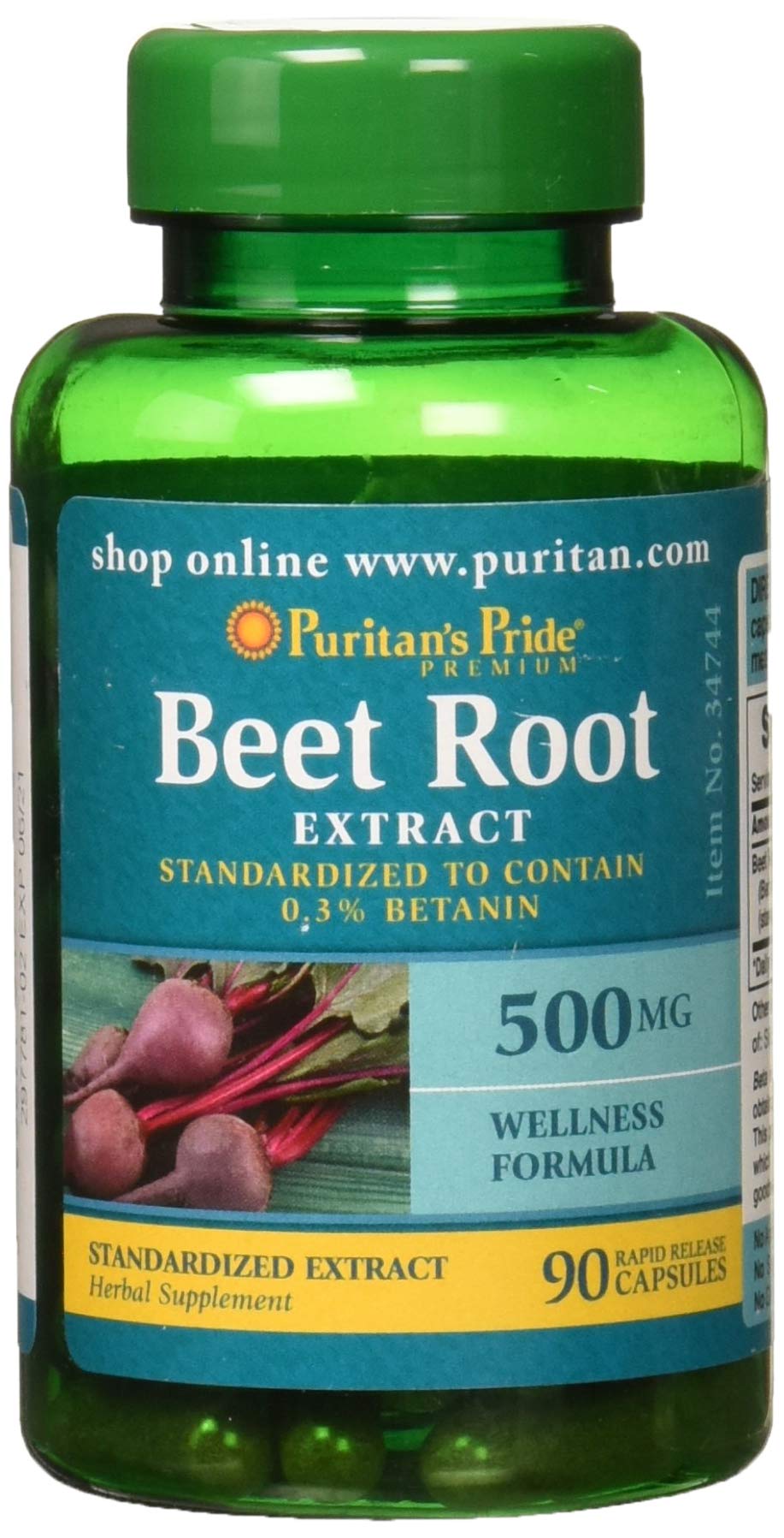 Puritan's Pride Beet Root Extract 500 mg capsules bottle – 90 count