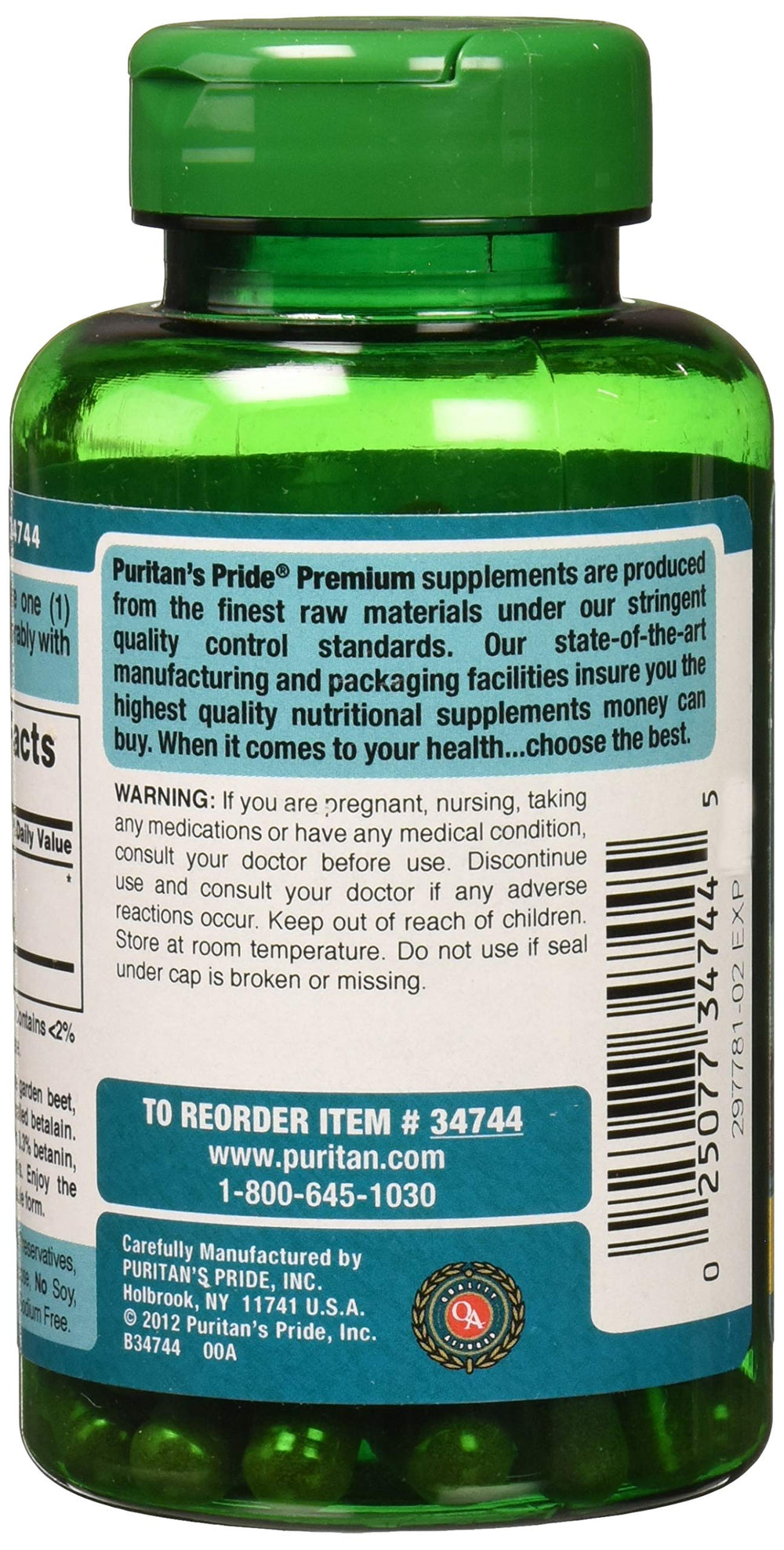 Close-up label of Puritan's Pride Beet Root Extract 500 mg capsules
