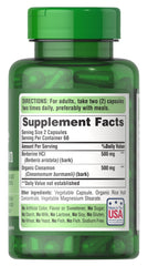 Label showing Berberine 500 mg and Organic Cinnamon 500 mg