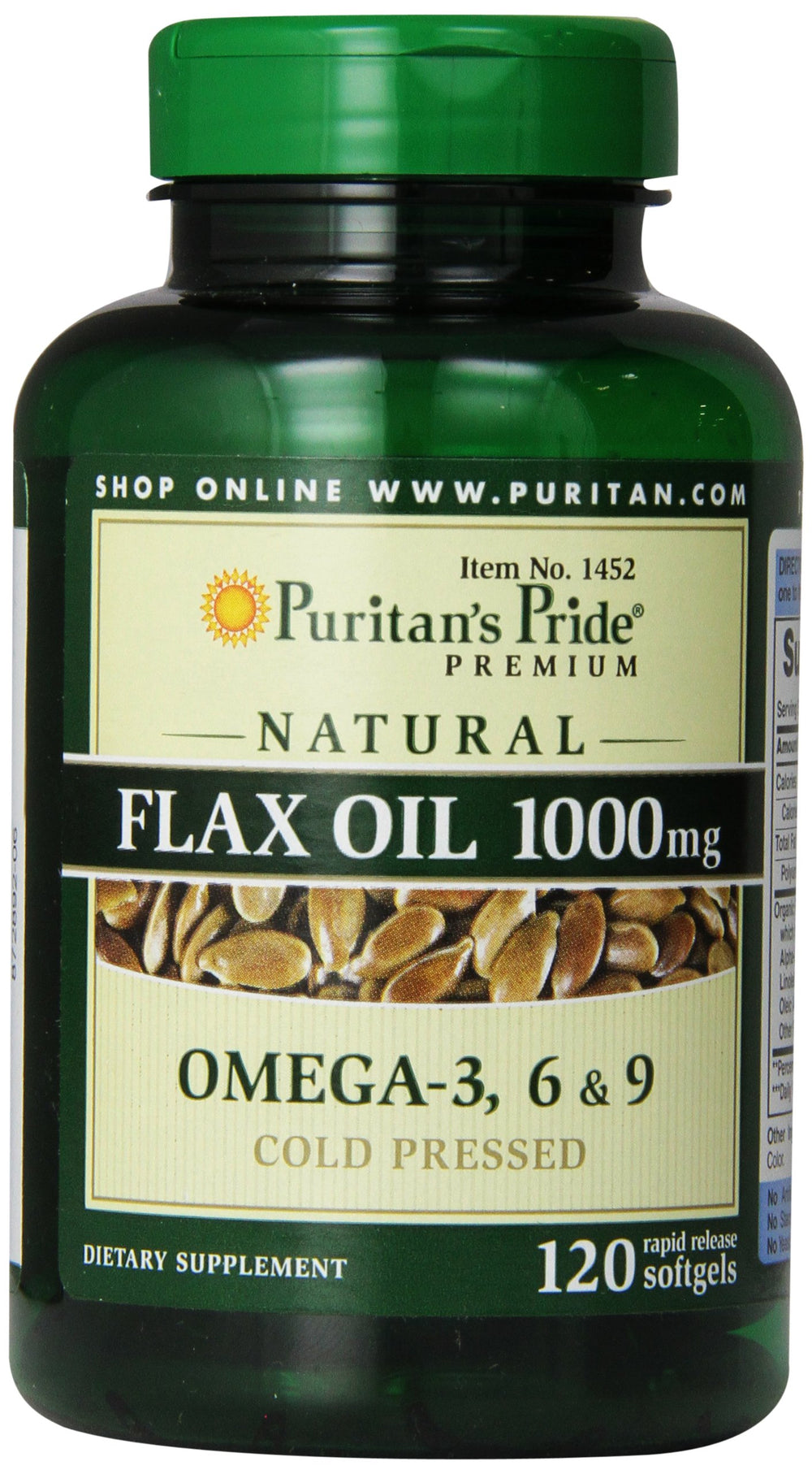 Bottle of Puritan's Pride Premium Natural Flax Oil 1000 mg