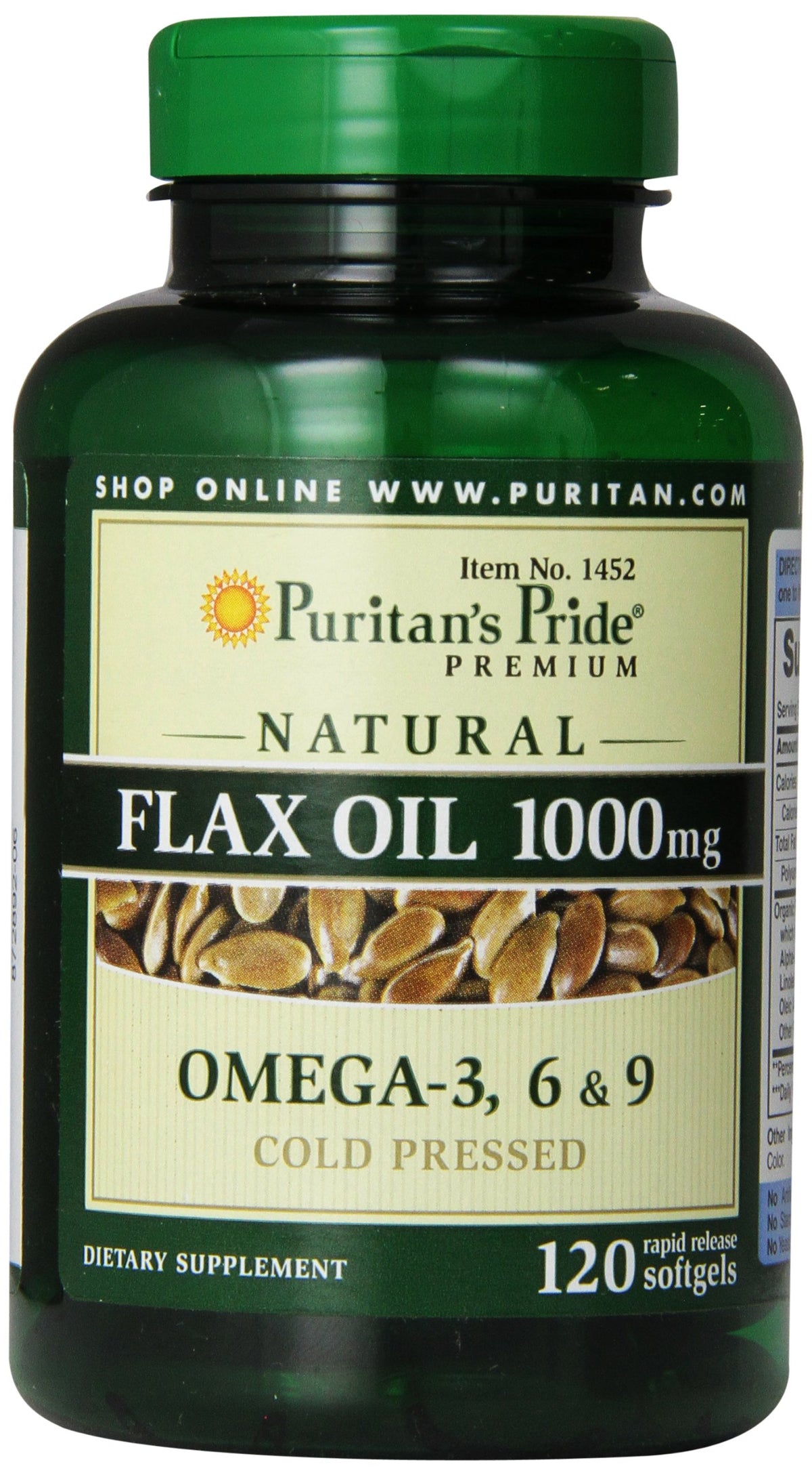 Bottle of Puritan's Pride Premium Natural Flax Oil 1000 mg