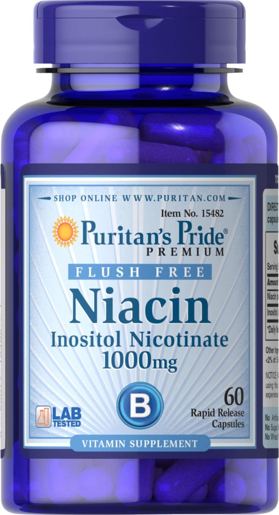 Puritans Pride Flush Free Niacin Inositol Nicotinate 1000 mg bottle with 60 capsules, United States origin