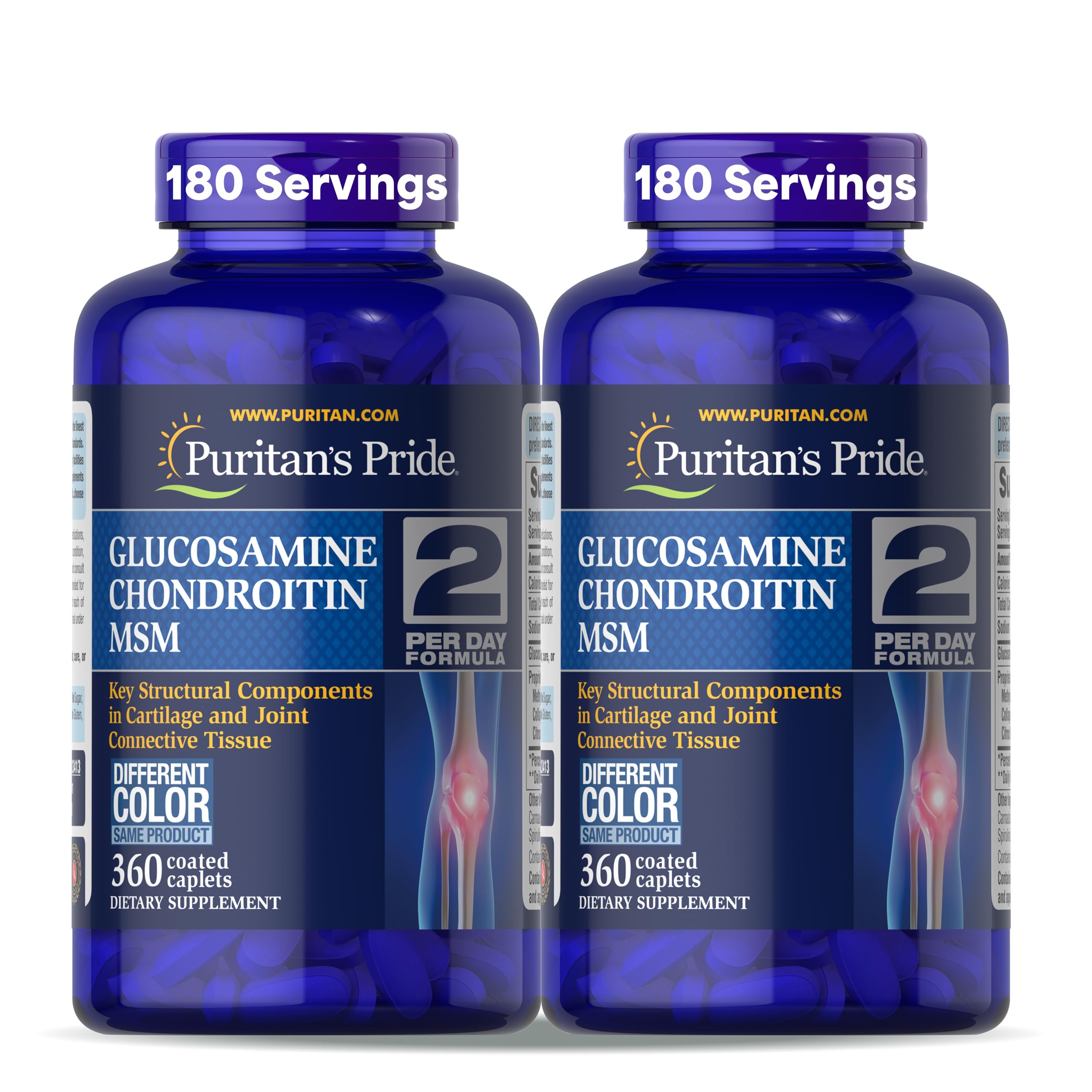 Bottle of Puritan's Pride Glucosamine Chondroitin MSM with 360-coated caplets