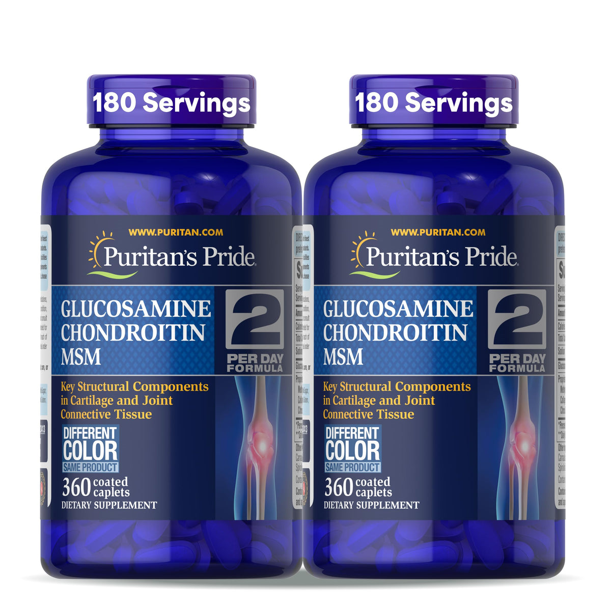 Bottle of Puritan's Pride Glucosamine Chondroitin MSM with 360-coated caplets