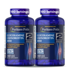 Bottle of Puritan's Pride Glucosamine Chondroitin MSM with 360-coated caplets