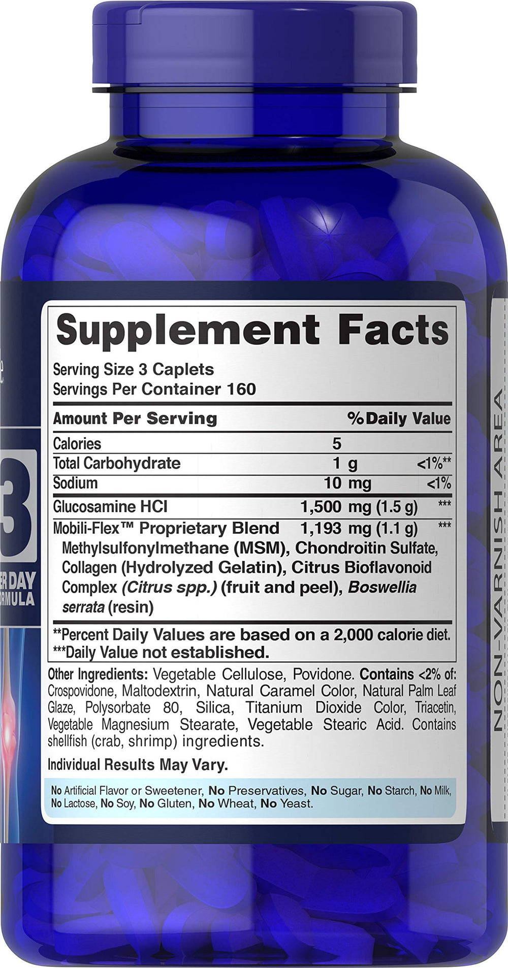 Bottle label showing glucosamine, chondroitin and MSM ingredients