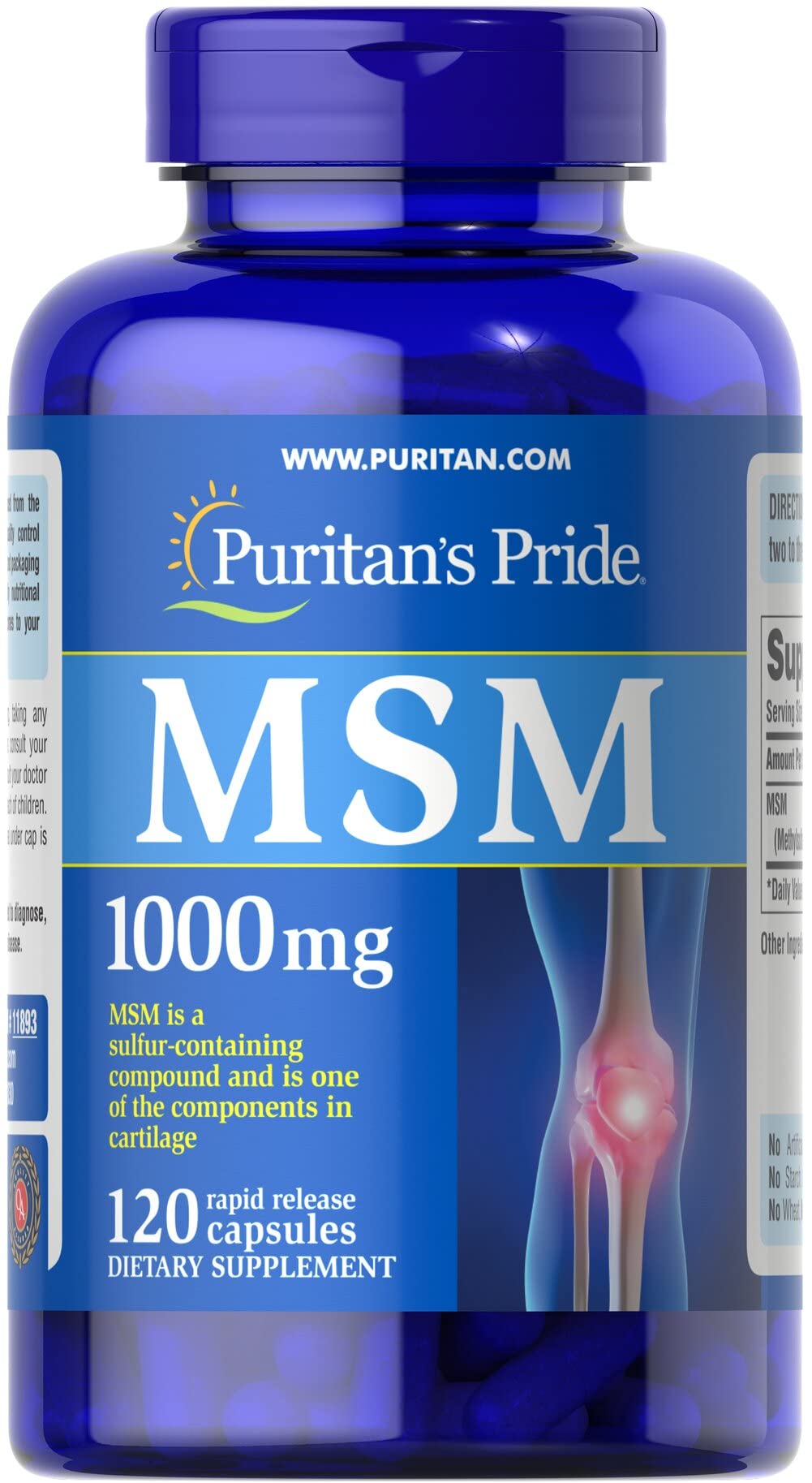 Puritan's Pride Joint Support MSM rapid release capsules bottle supports joint health and everyday mobility.