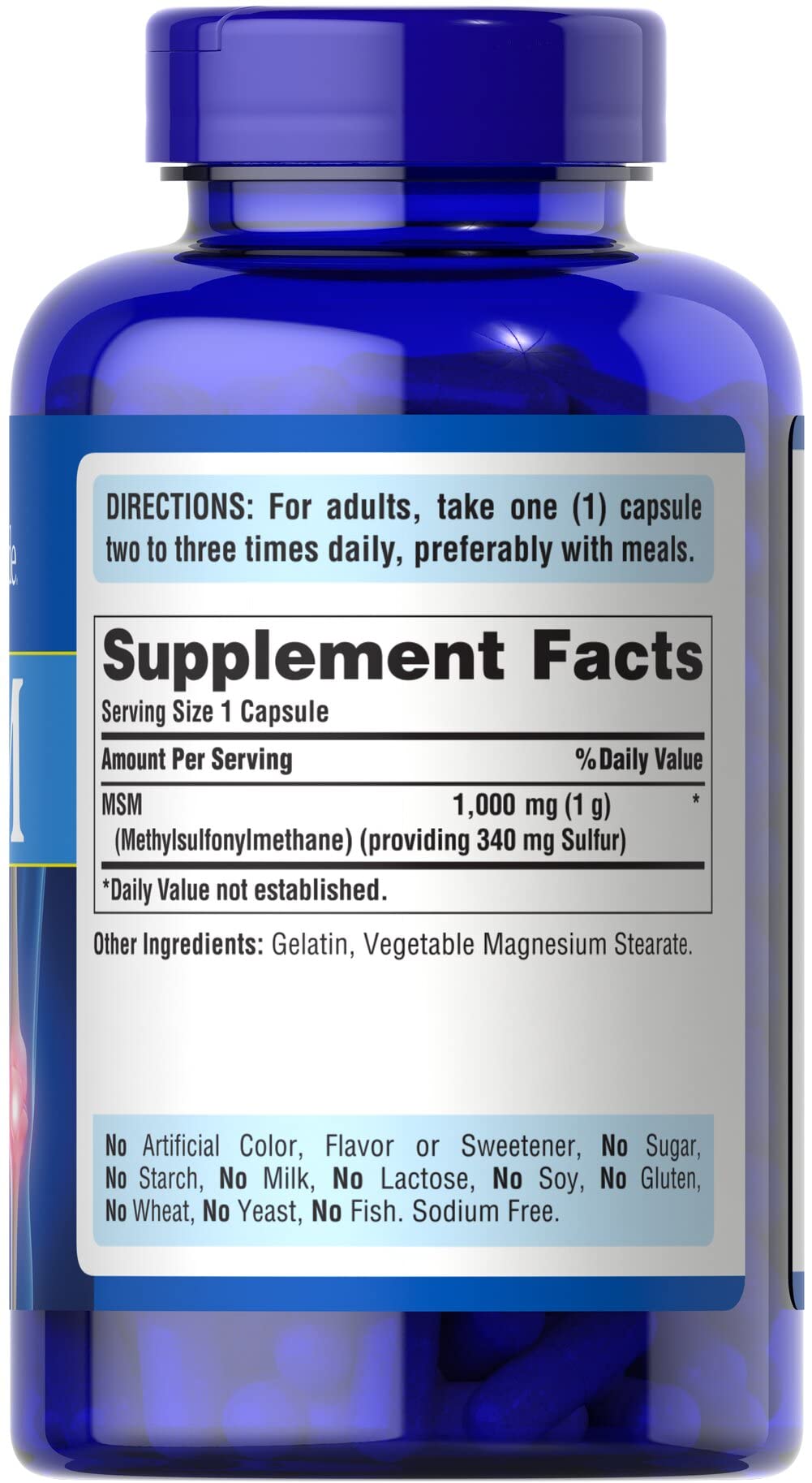 Puritan's Pride Joint Support MSM rapid release capsules label highlights natural sulfur source supporting cartilage components.