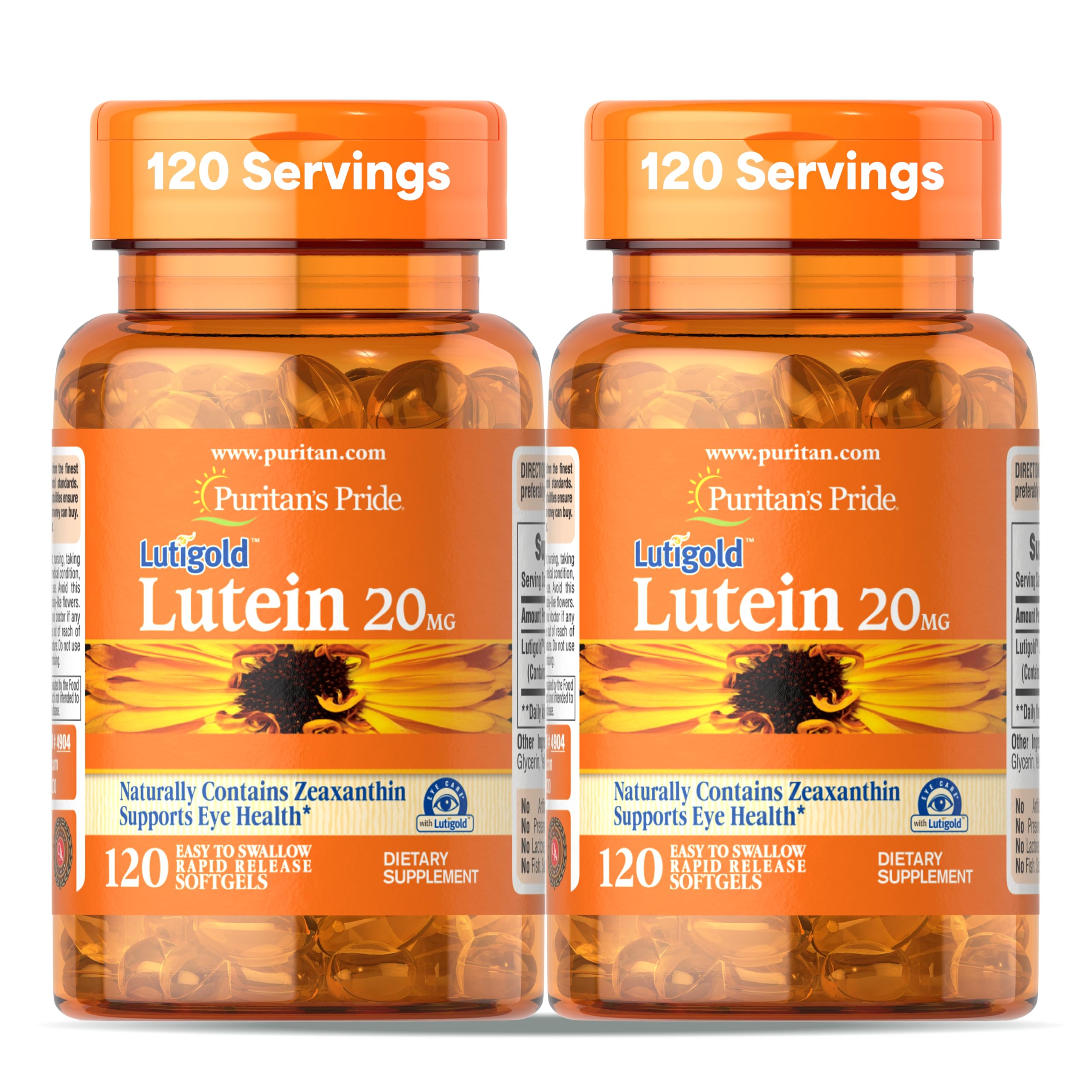 Front view of Puritan's Pride Lutigold Lutein 20 mg with Zeaxanthin two-pack bottle