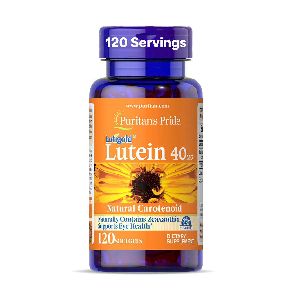 Puritan's Pride Lutigold Lutein 40mg with Zeaxanthin bottle label for eye health