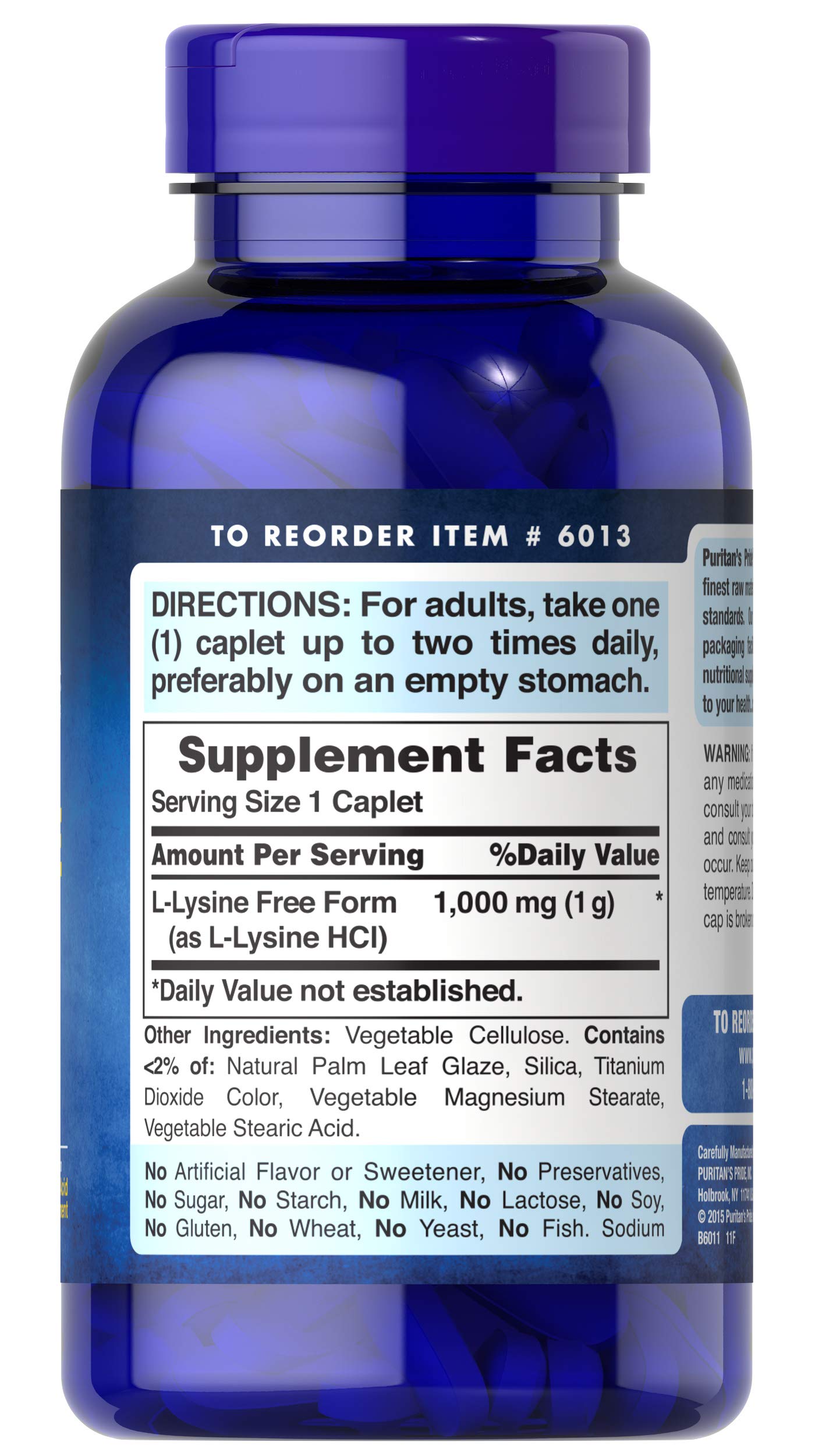 Close-up of Puritan's Pride L-Lysine 1000 mg coated caplets