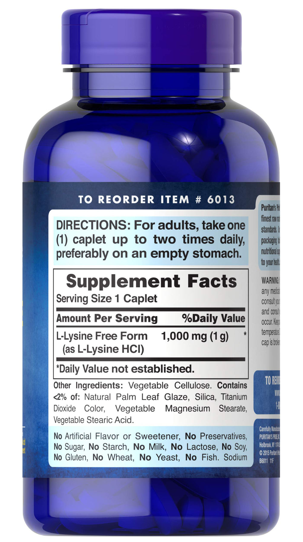 Close-up of Puritan's Pride L-Lysine 1000 mg coated caplets