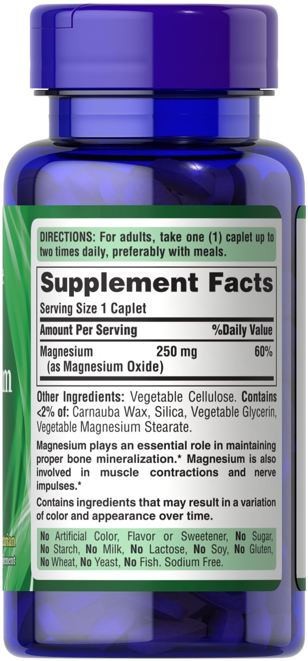 Close-up of Puritans Pride Magnesium 250 mg caplets bottle