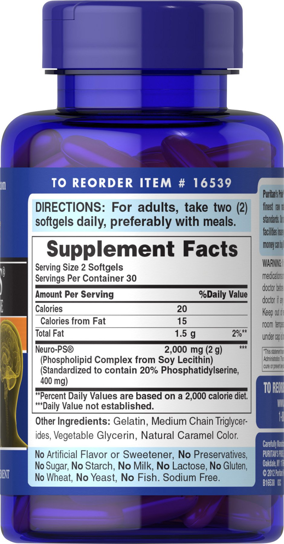 Neuro-PS phosphatidylserine supplement facts label