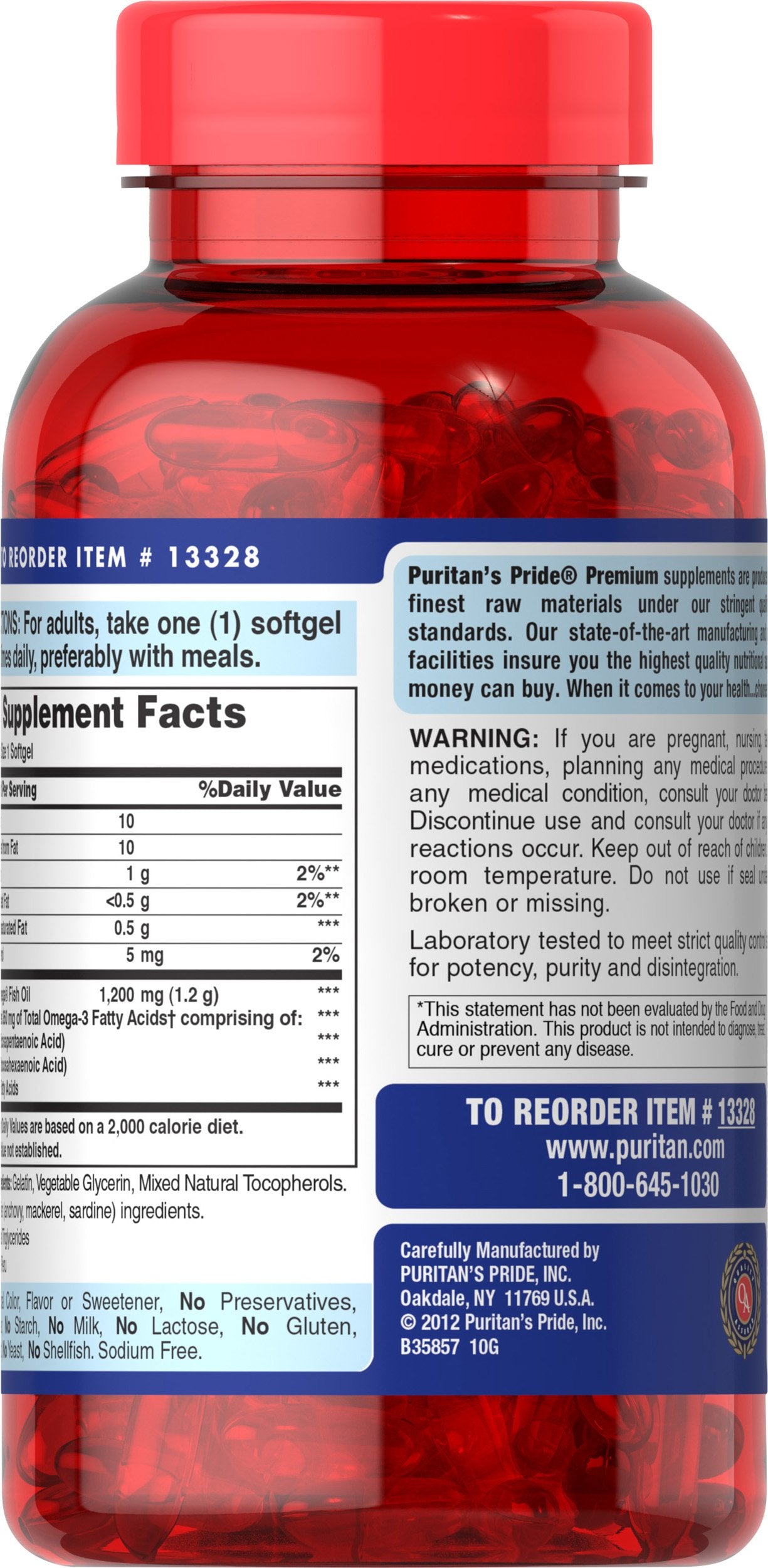 Label of Puritan's Pride Omega-3 1200mg Omega-3 supplement