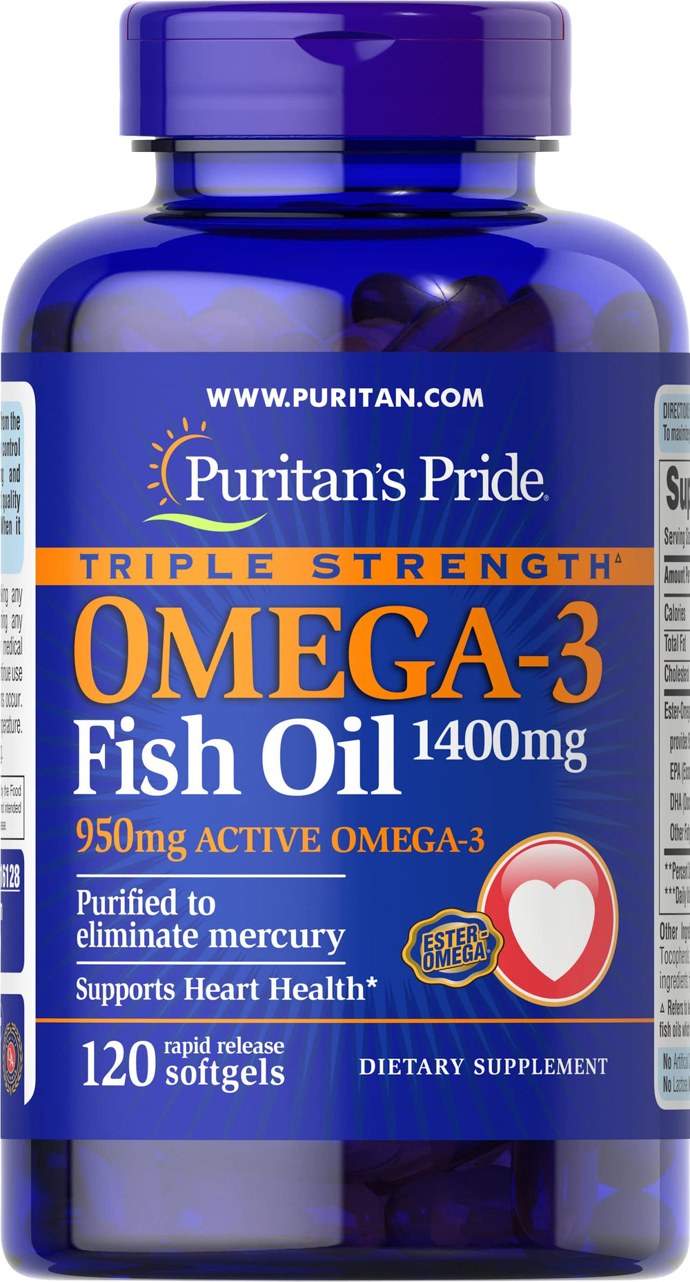 Puritan's Pride Omega-3 Fish Oil 1360 mg Softgels bottle front view