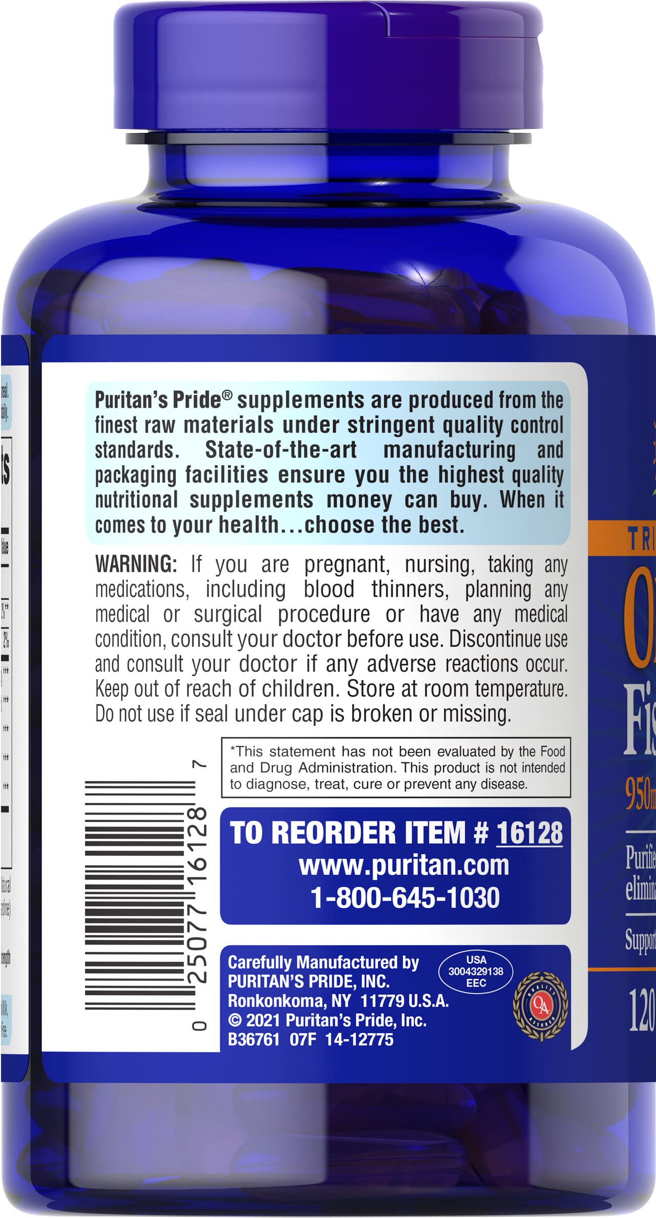 Nutrition facts for Puritan's Pride Omega-3 Fish Oil 1360 mg Softgels