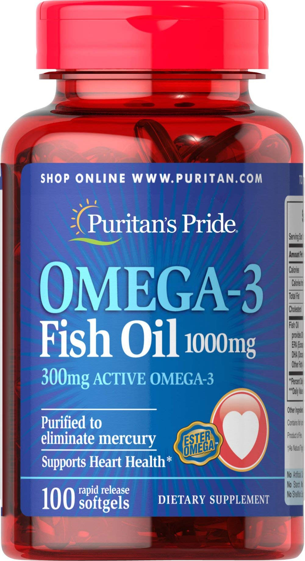 Puritans Pride Omega-3 Fish Oil 1000 mg bottle - 100 count