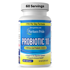 Puritan's Pride Probiotic 10 with Vitamin D bottle on product shelf