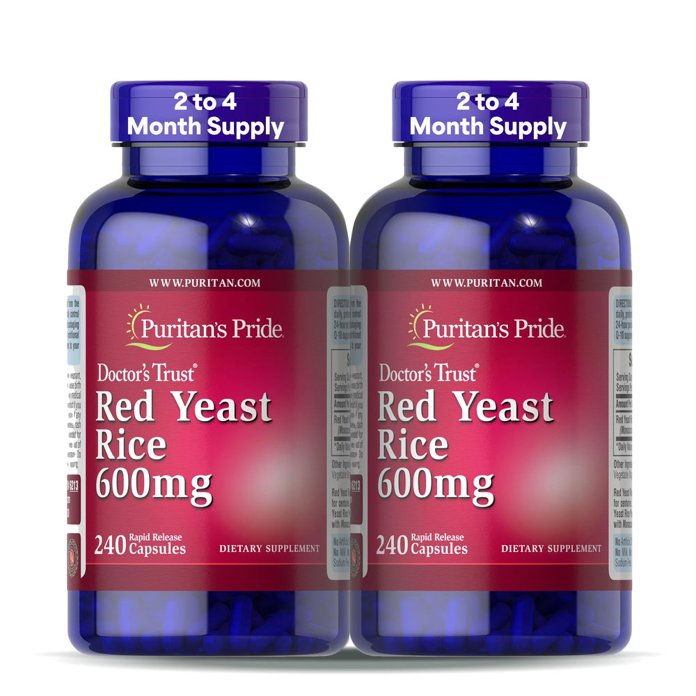 Front view of Puritan's Pride Red Yeast Rice 600mg 2-pack bottle label