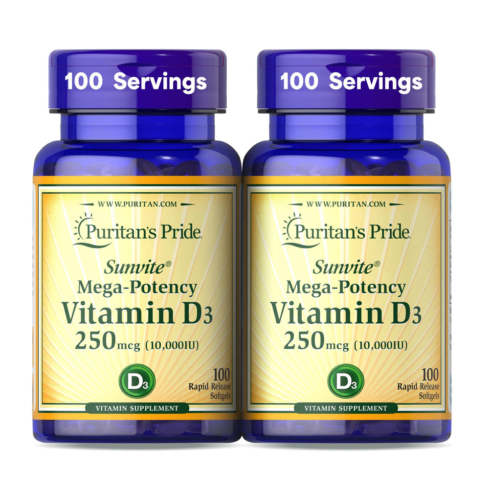 Puritan's Pride Sunvite Vitamin D3 10,000 IU rapid-release softgels twin pack